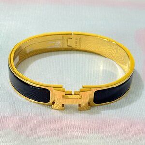 Hermes Clic H Black Enamel Gold Plated Bracelet